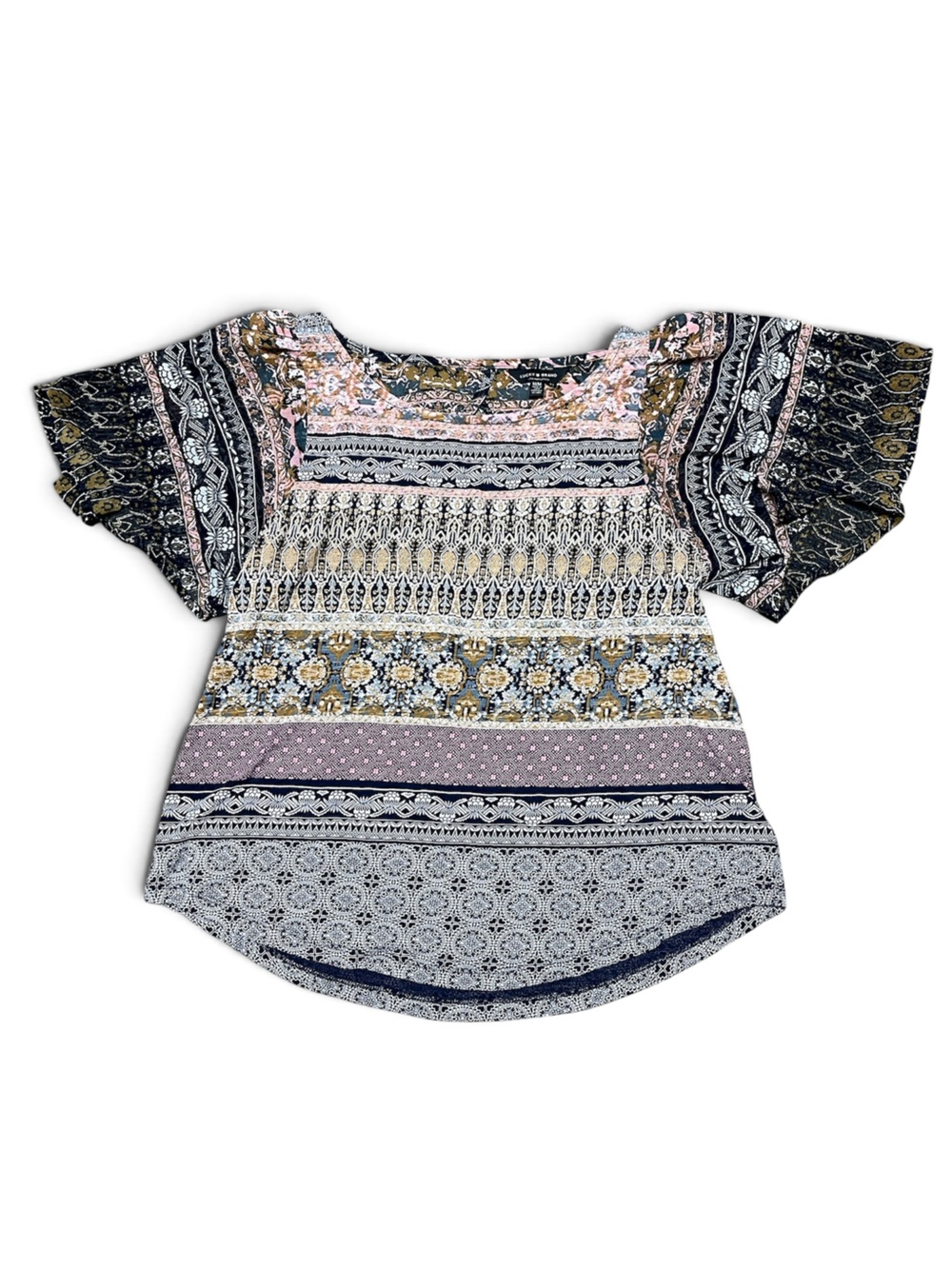 Lucky Brand Mixed Print Short Sleeve Top in Navy, Pink, Cream